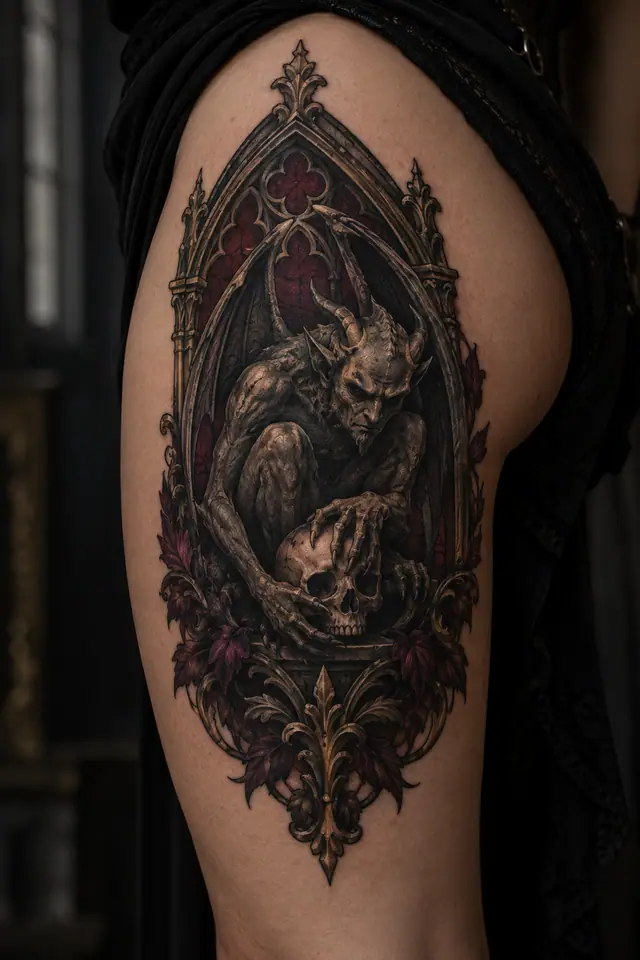Neo-traditional gargoyle tattoo on the thigh