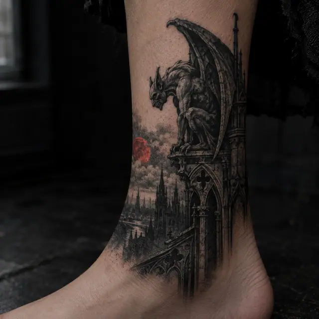 Red and black gargoyle tattoo on the ankle