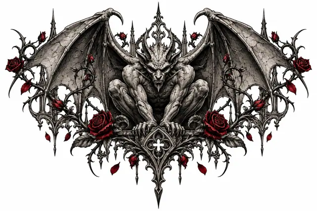 Red and black gargoyle tattoo design for the chest