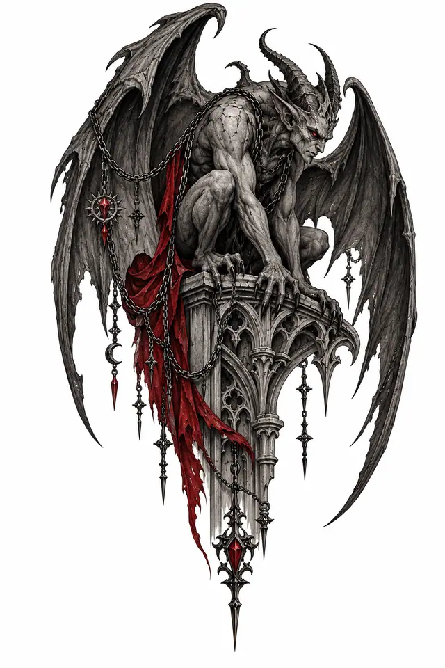 Red and black gargoyle tattoo design for the upper arm (half sleeve)