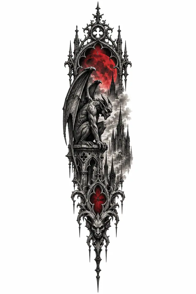 Red and black gargoyle tattoo design for the spine