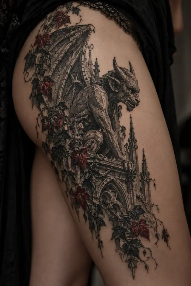 Red and black gargoyle tattoo on the thigh