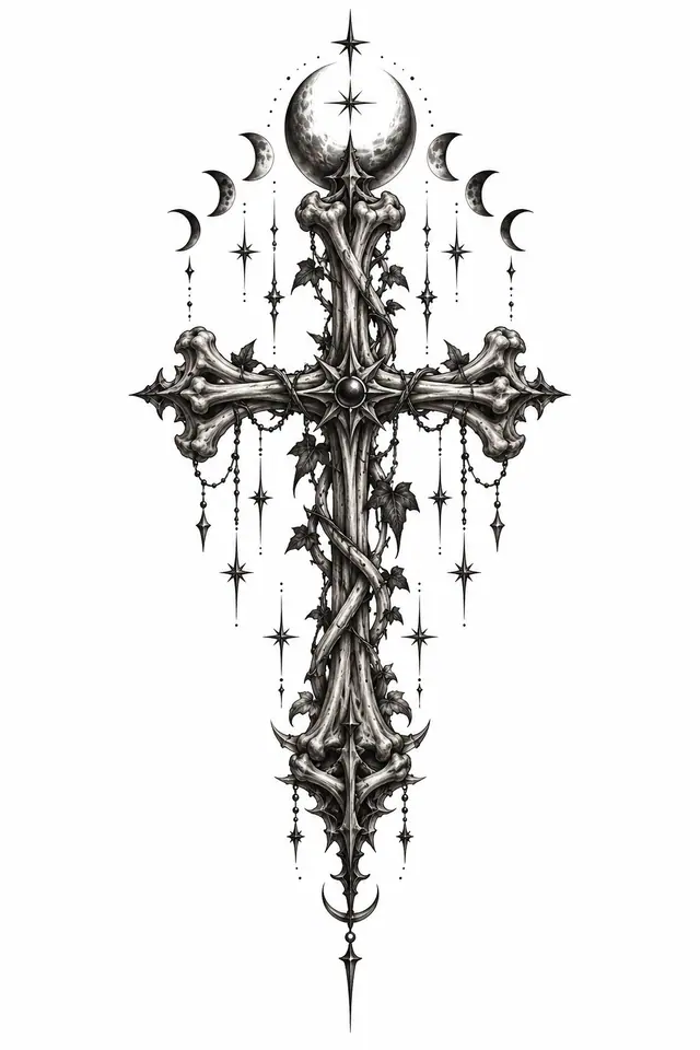 Black and grey gothic cross tattoo design for the calf