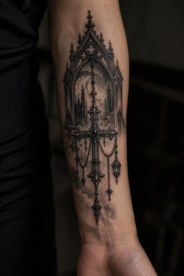 Black and grey gothic cross tattoo on the forearm