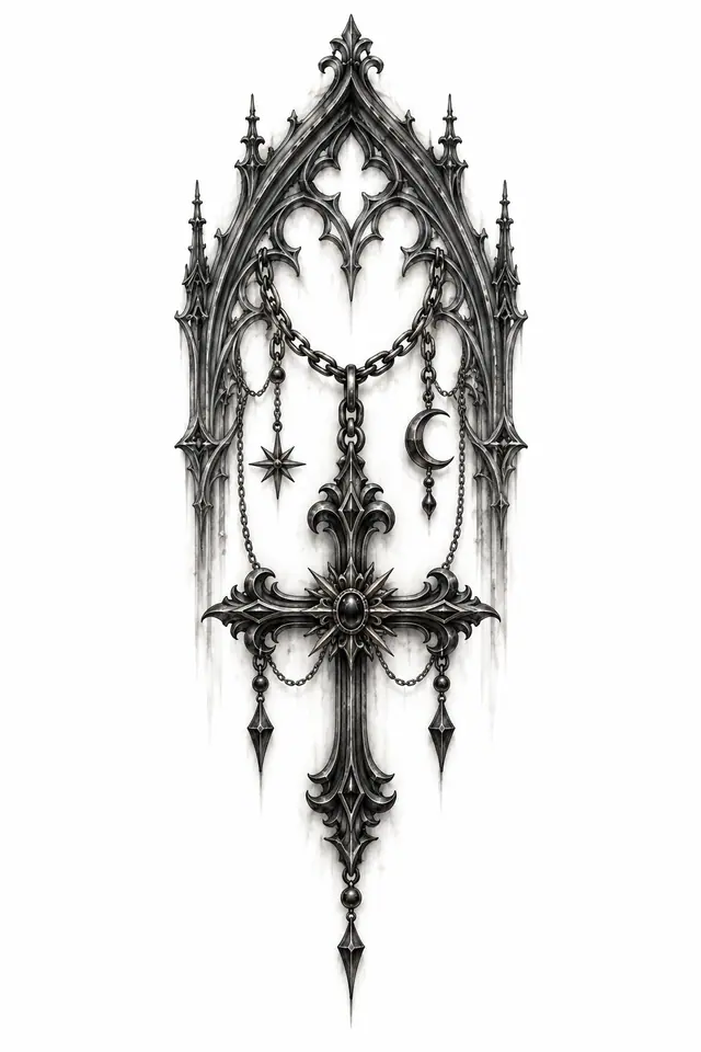 Black and grey gothic cross tattoo design for the thigh
