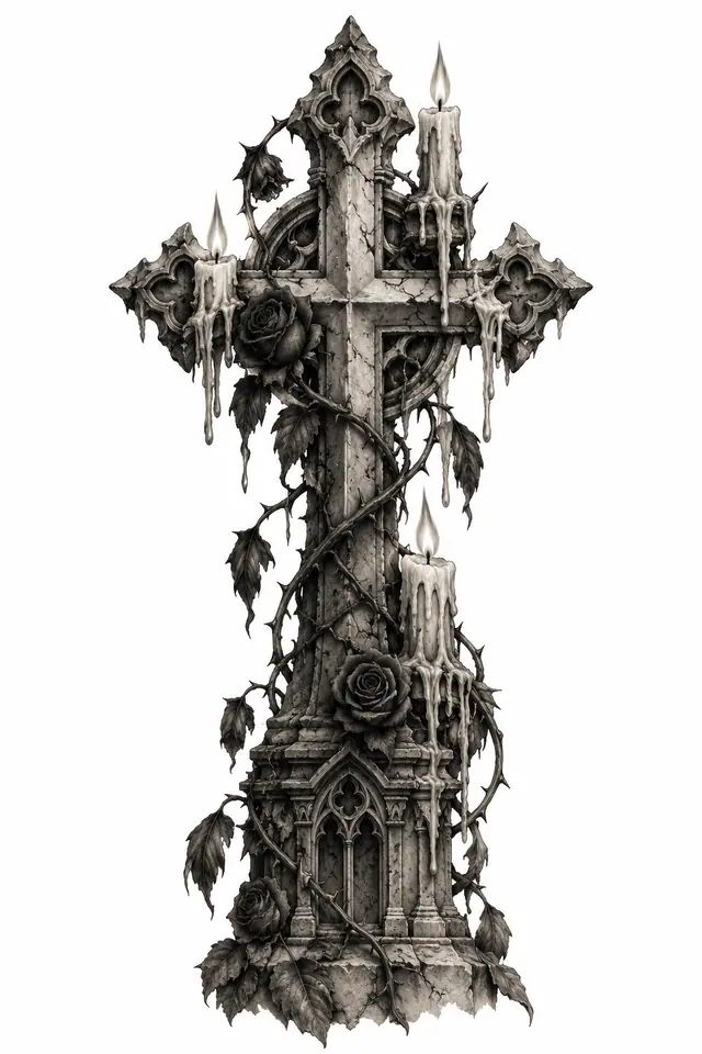 Black and grey gothic cross tattoo design for the thigh