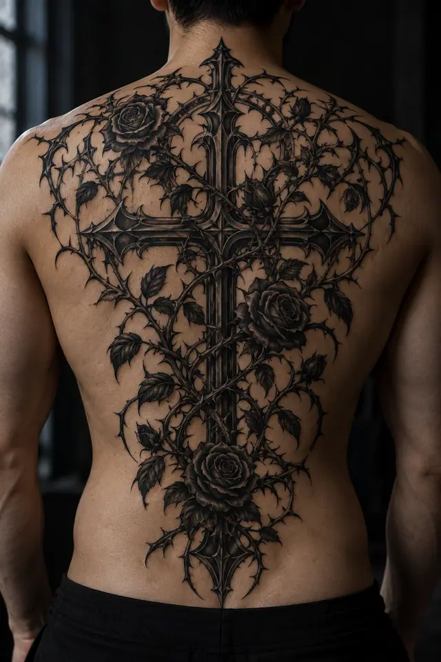 Blackwork gothic cross tattoo on the back