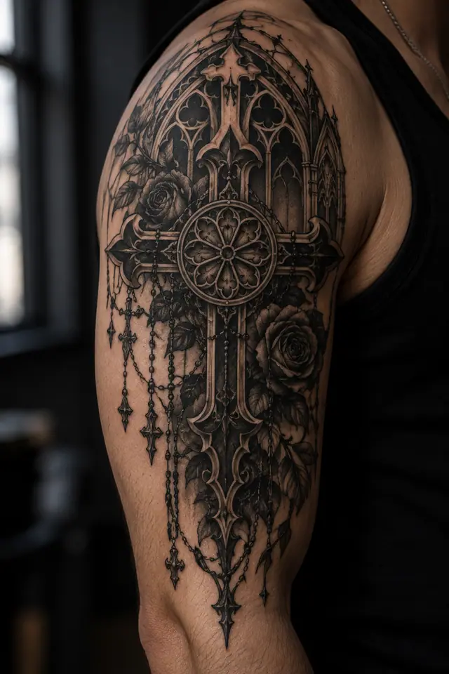 Blackwork gothic cross tattoo on the upper arm (half sleeve)