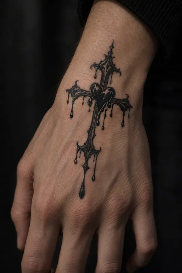Blackwork gothic cross tattoo on the hand