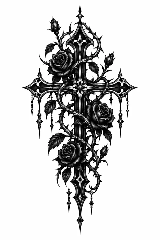 Blackwork gothic cross tattoo design for the hand