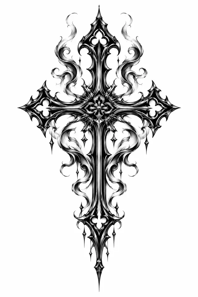 Blackwork gothic cross tattoo design for the sternum