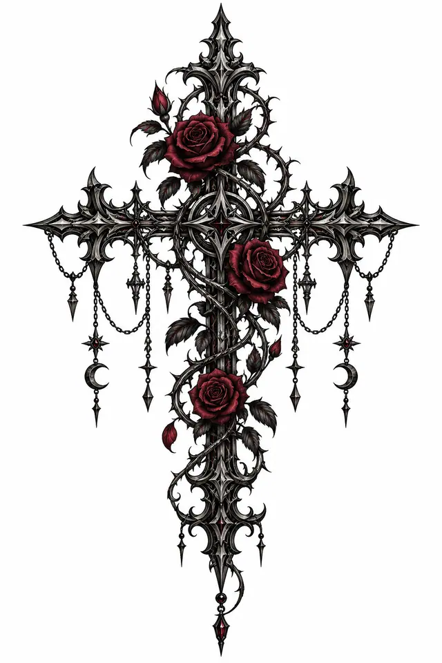 Blackwork gothic cross tattoo design for the sternum