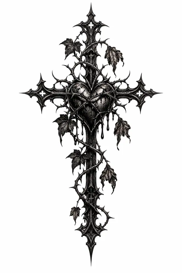Blackwork gothic cross tattoo design for the sternum