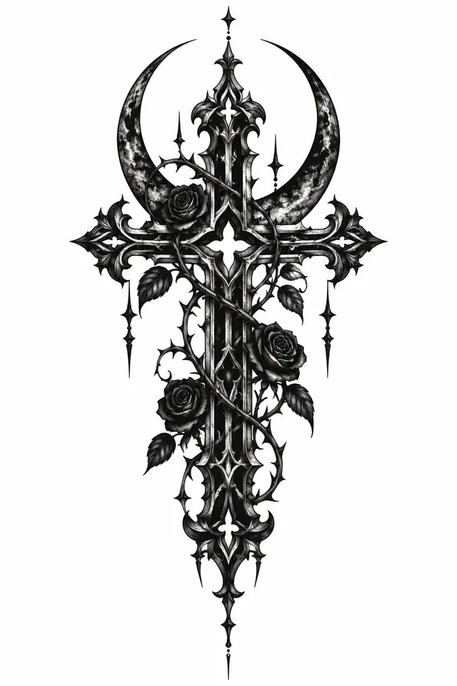 Blackwork gothic cross tattoo design for the thigh