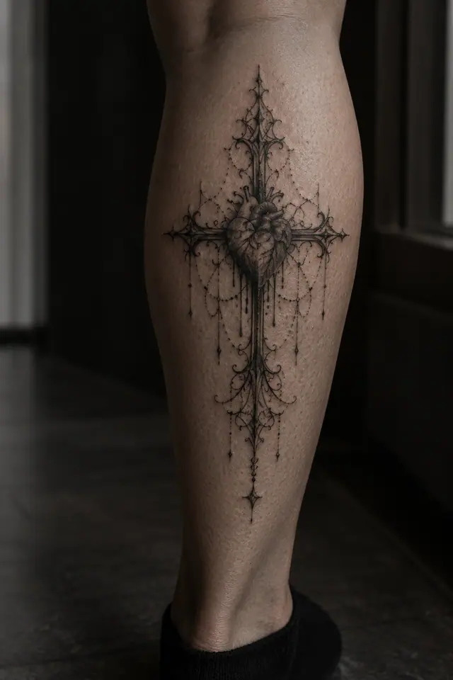 Dotwork gothic cross tattoo on the calf