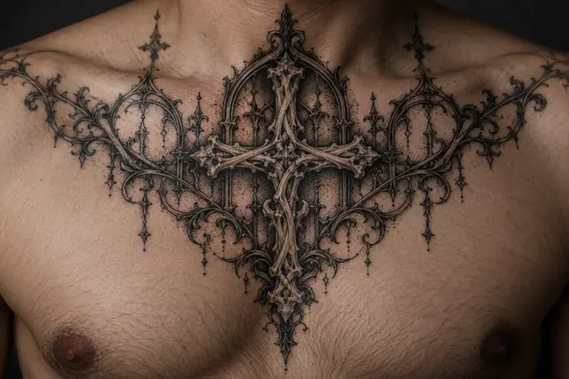 Dotwork gothic cross tattoo on the chest
