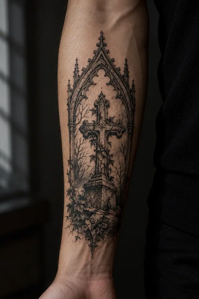 Dotwork gothic cross tattoo on the forearm