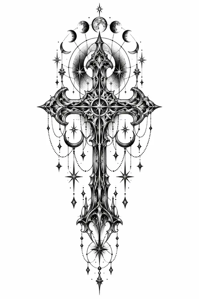 Dotwork gothic cross tattoo design for the thigh