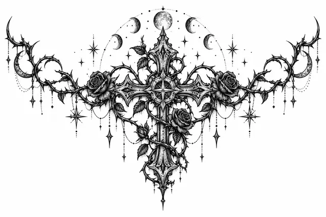 Dotwork gothic cross tattoo design for the throat