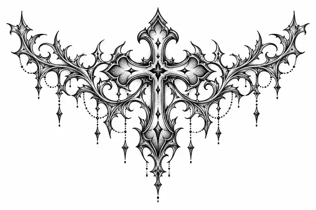 Dotwork gothic cross tattoo design for the throat