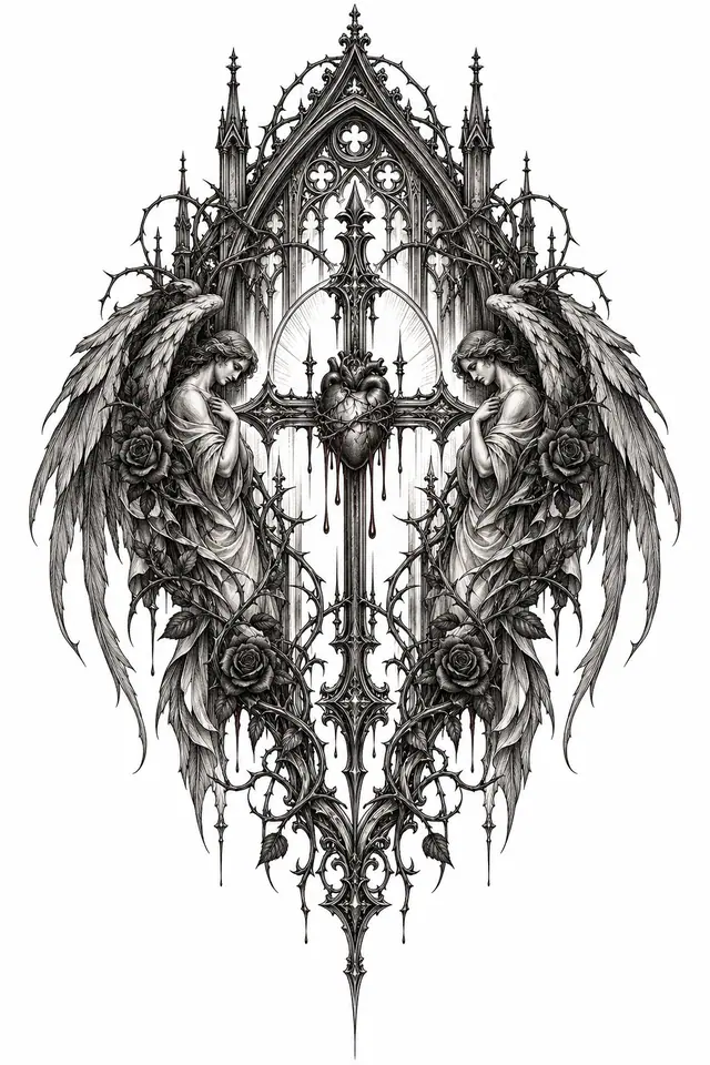 Engraving-style gothic cross tattoo design for the back