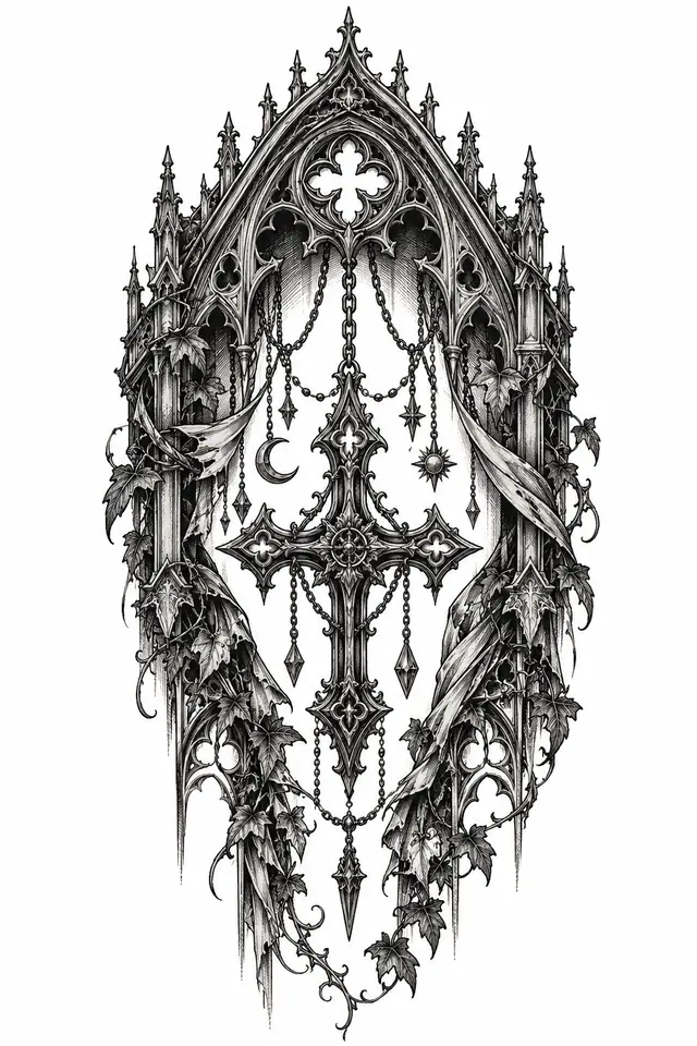 Engraving-style gothic cross tattoo design for the upper arm (half sleeve)