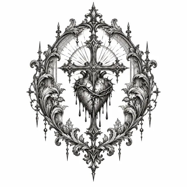 Engraving-style gothic cross tattoo design for the shoulder