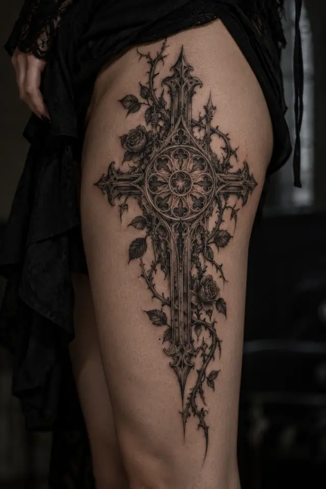 Engraving-style gothic cross tattoo on the thigh