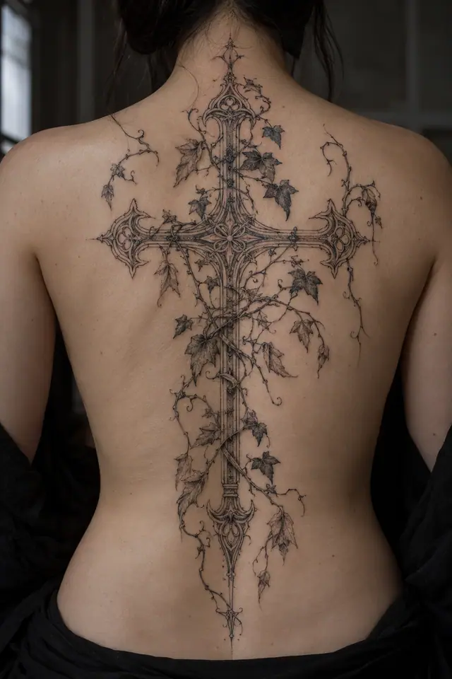 Fine-line gothic cross tattoo on the back