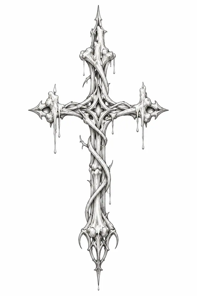 Fine-line gothic cross tattoo design for the calf
