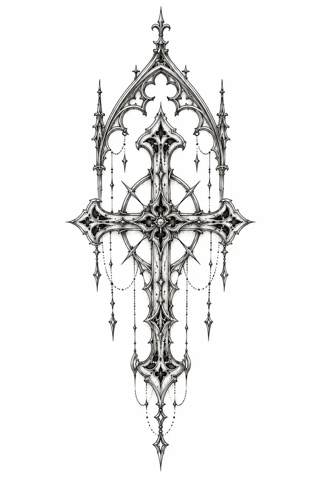 Fine-line gothic cross tattoo design for the hand