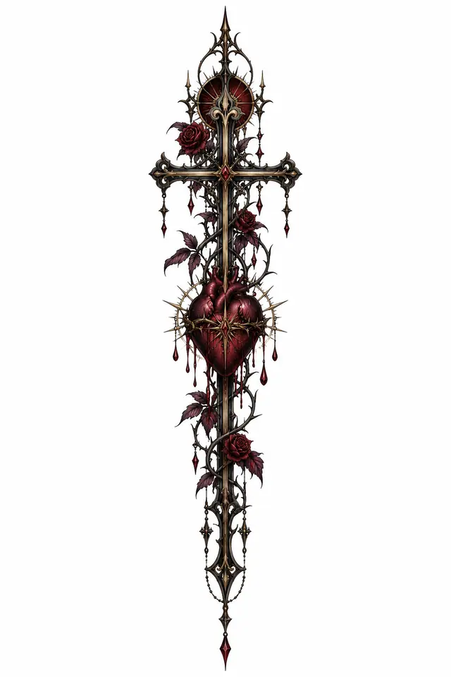 Neo-traditional gothic cross tattoo design for the spine