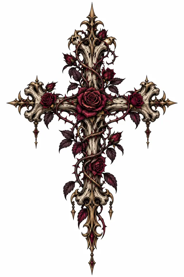 Neo-traditional gothic cross tattoo design for the sternum