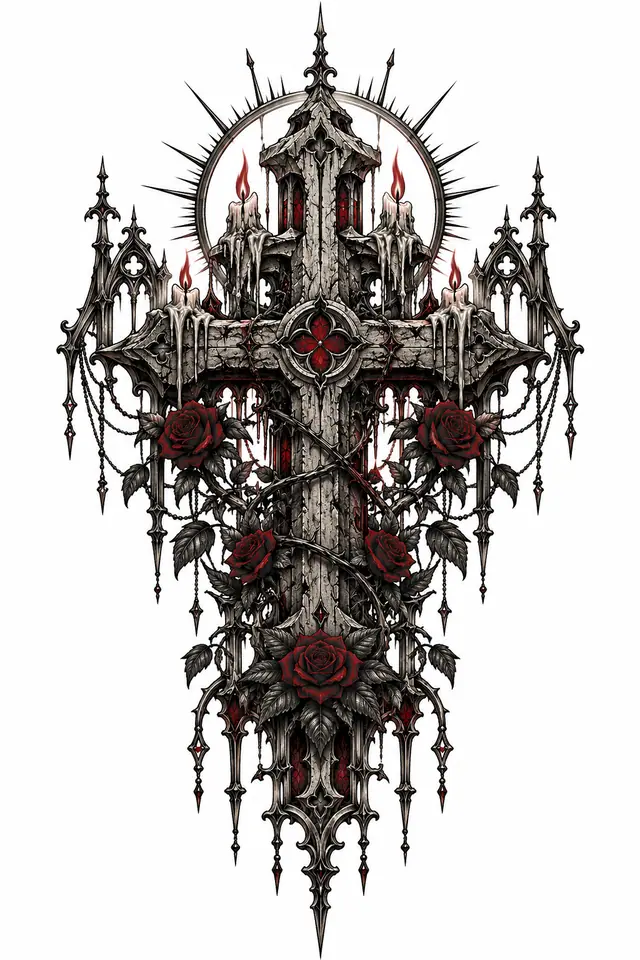 Red and black gothic cross tattoo design for the back