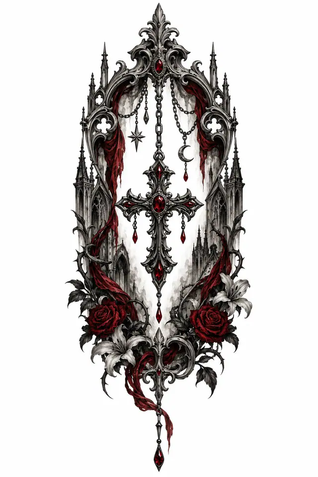 Red and black gothic cross tattoo design for the calf