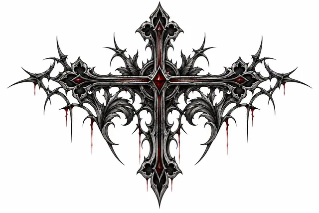 Red and black gothic cross tattoo design for the throat