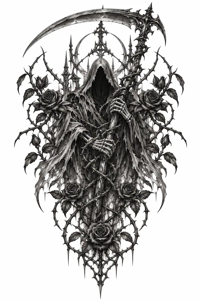 Black and grey grim reaper tattoo design for the back