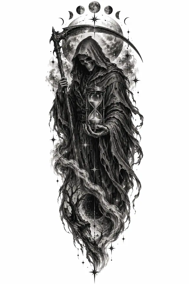 Black and grey grim reaper tattoo design for the calf