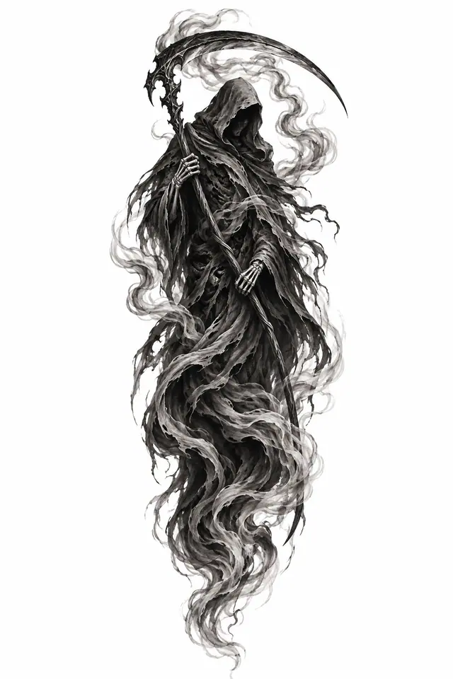 Black and grey grim reaper tattoo design for the calf