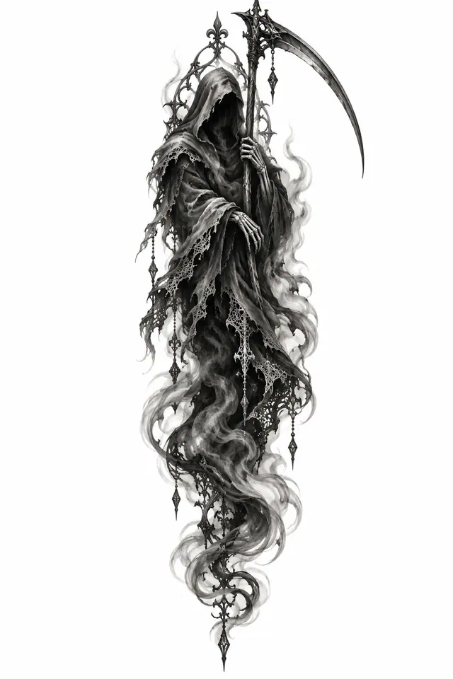 Black and grey grim reaper tattoo design for the forearm