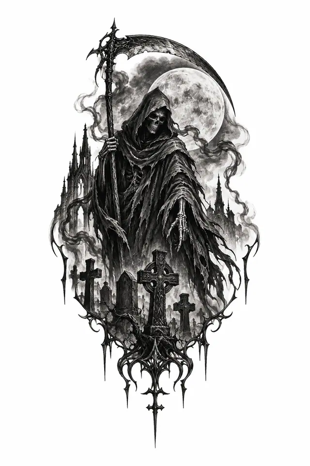 Black and grey grim reaper tattoo design for the hand