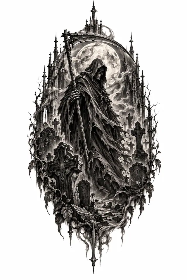 Black and grey grim reaper tattoo design for the hand