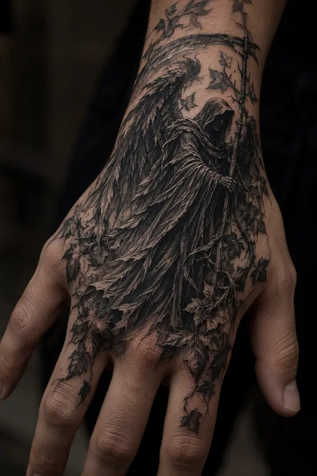 Black and grey grim reaper tattoo on the hand