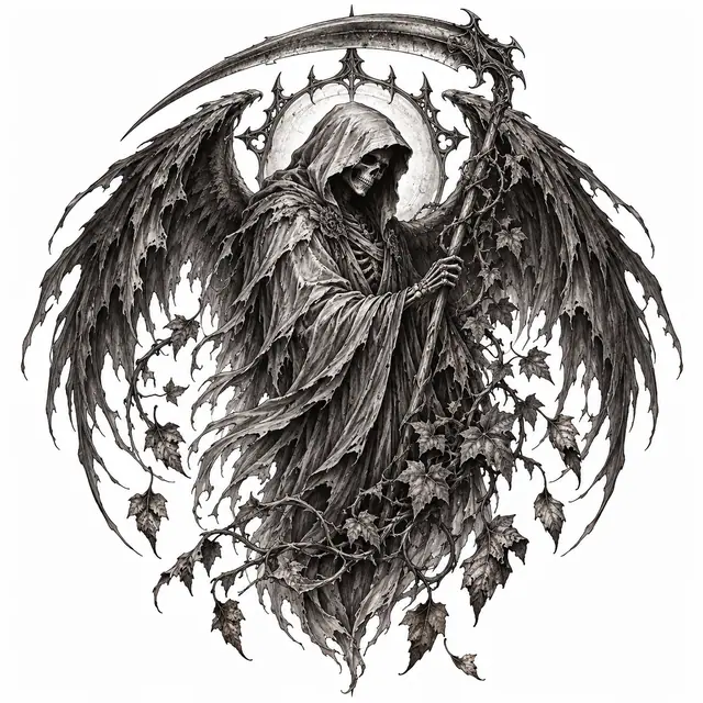 Black and grey grim reaper tattoo design for the shoulder