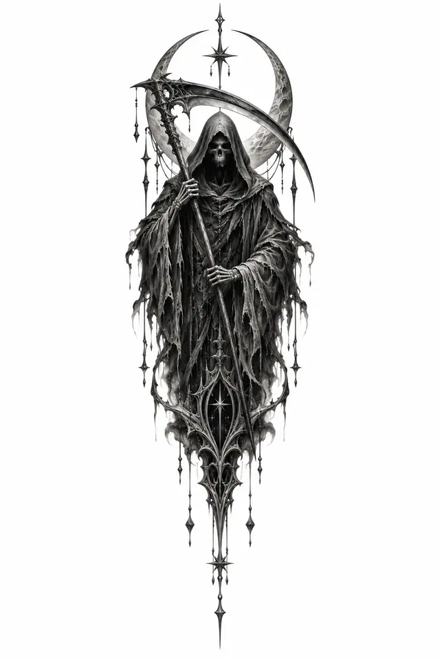 Black and grey grim reaper tattoo design for the sternum