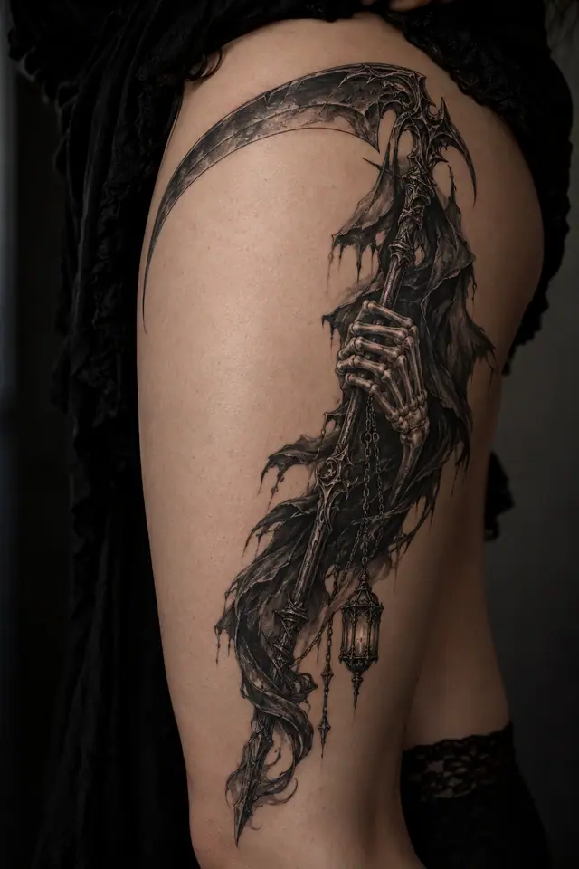 Black and grey grim reaper tattoo on the thigh