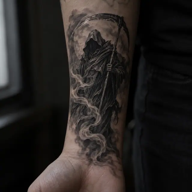 Black and grey grim reaper tattoo on the wrist