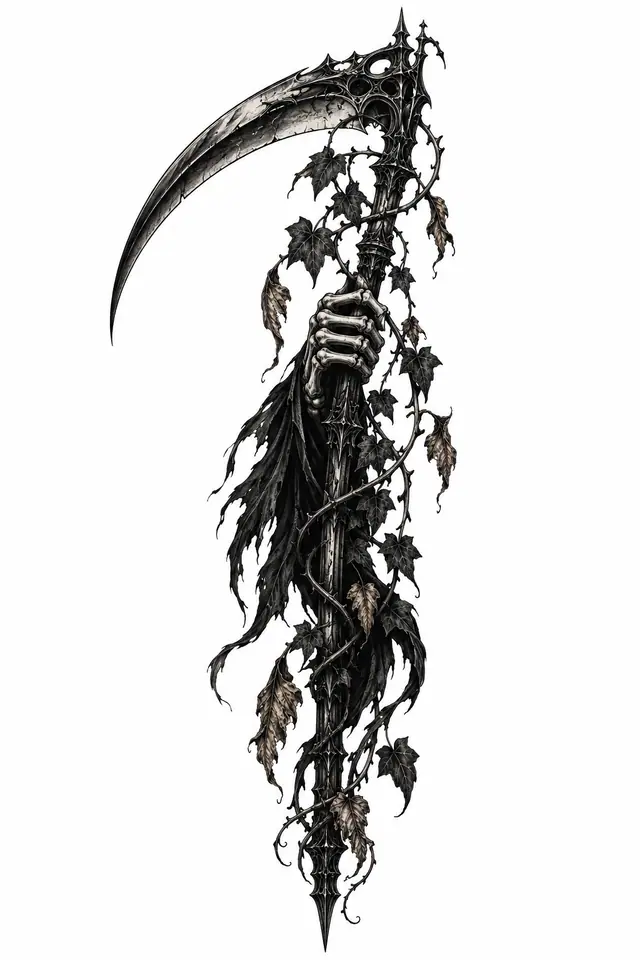 Blackwork grim reaper tattoo design for the calf