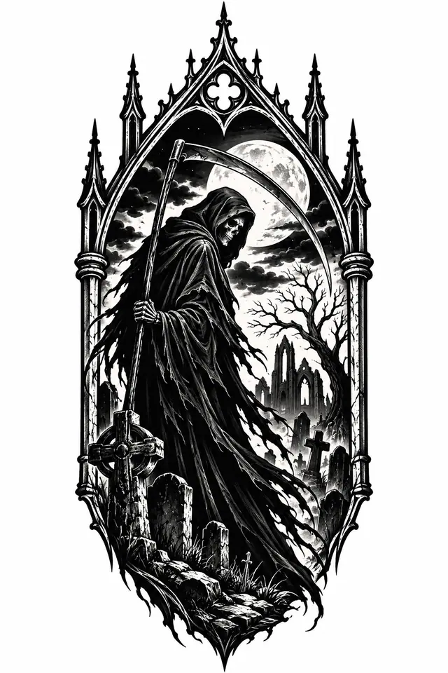 Blackwork grim reaper tattoo design for the upper arm (half sleeve)
