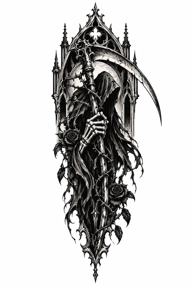 Blackwork grim reaper tattoo design for the thigh